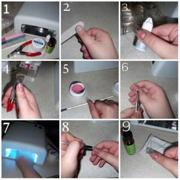 Verlenging van nagels thuis met gel, acryl, op vormen, met tips, servetten voor jezelf