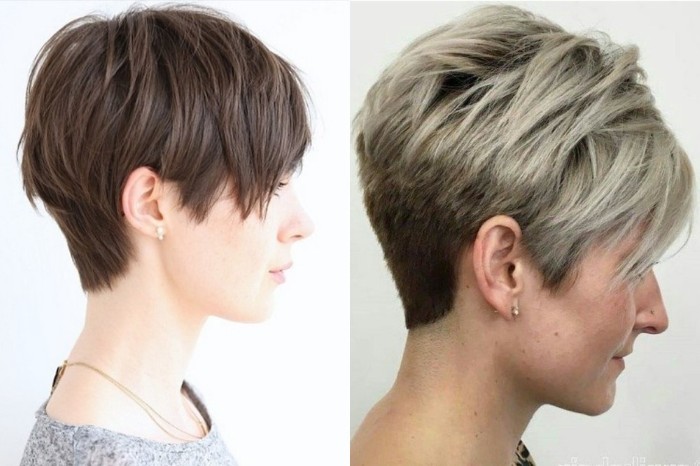 Corte de cabelo Pixie para cabelos curtos e médios para mulheres. Fotos, vistas frontal e traseira, um diagrama de como cortar, quem se encaixa
