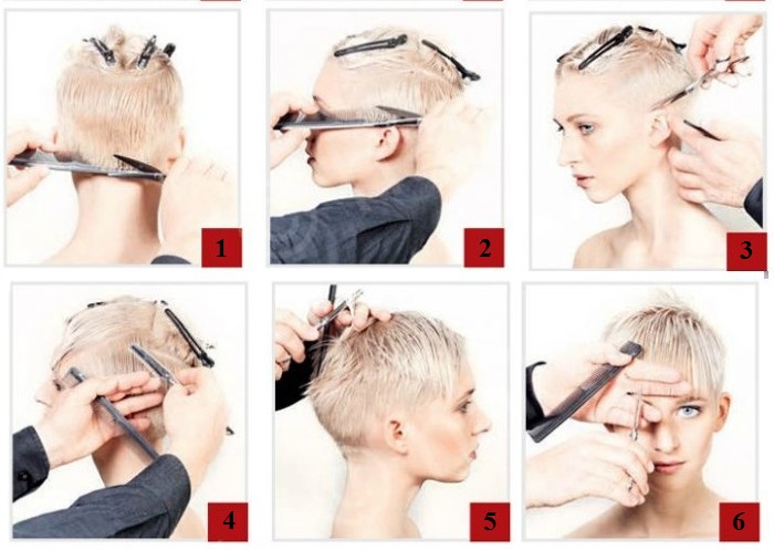 Coupe de cheveux Pixie pour cheveux courts et moyens pour femmes. Photo, vues avant et arrière, un schéma de la façon de couper, qui convient