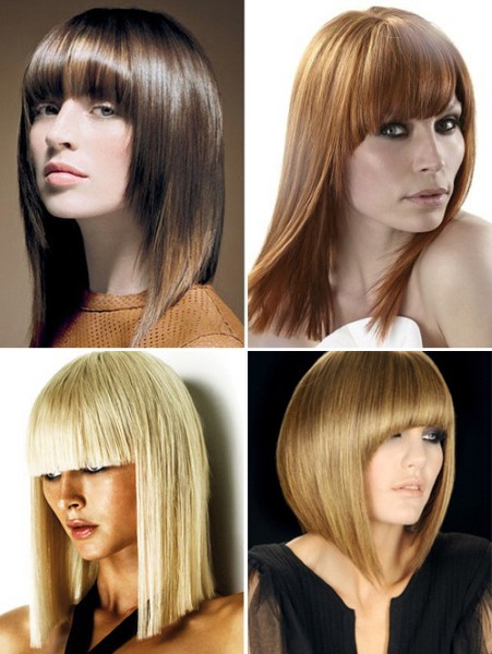 Skulderlengde hårklipp. Fasjonable og vakre kvinners frisyrer for middels hår med og uten smell. Et foto