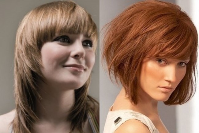 Arten von Haarschnitten für mittleres Haar. Foto von modischen Frauenhaarschnitten, Vorderansicht, zurück auf glattem, lockigem Haar
