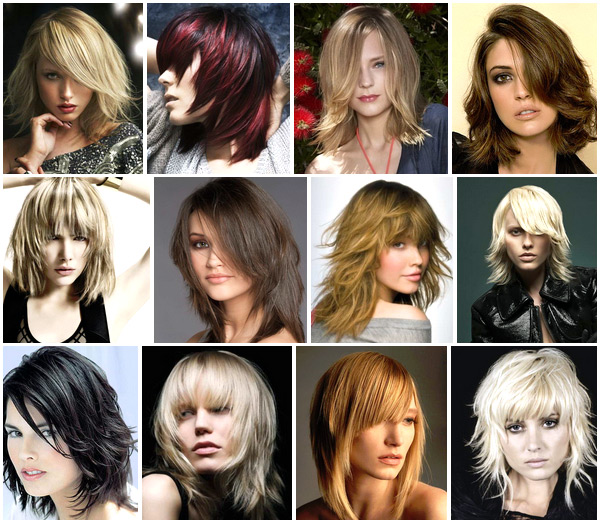 Types de coupes de cheveux pour cheveux moyens. Photo de coupes de cheveux pour femmes à la mode, vue de face, dos sur cheveux raides et bouclés