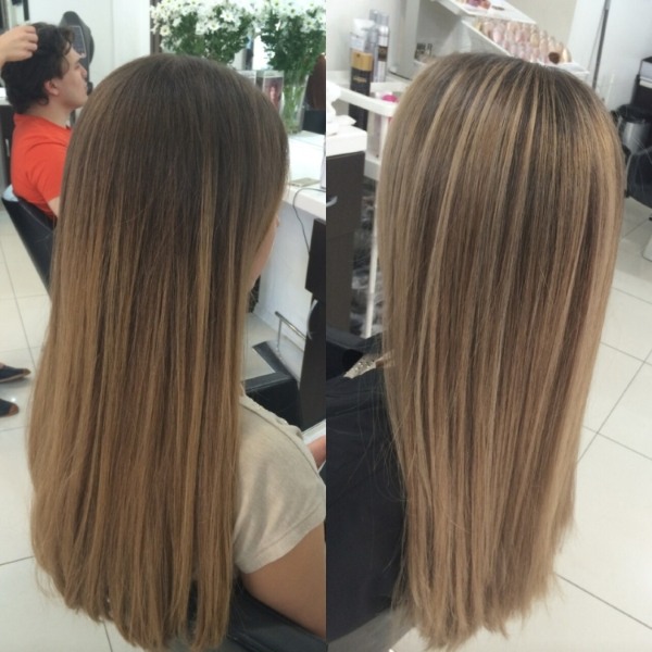 Highlights on dark medium hair. Fashionable color on tips, back and front view, photo