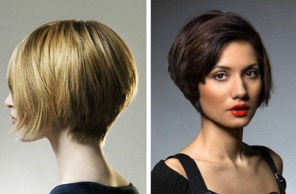 Potongan rambut tidak simetri bergaya untuk rambut pendek. Item baru 2020, gambar, pandangan depan dan belakang