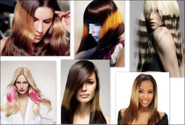Trendiga alternativ för färgning av hår 2020. Teknik för färgning av shatush, ombre, sombre, balayazh, bronding, highlighting. Ett foto