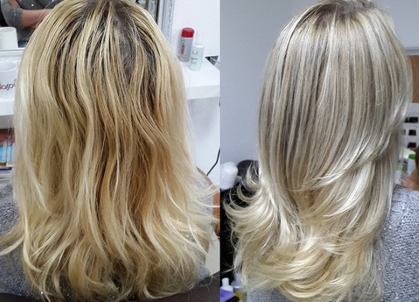 Mise en évidence sur les cheveux blonds clairs, moyens, courts et longs. Technique de coloration blond cendré, inversé, californien, foncé. Une photo