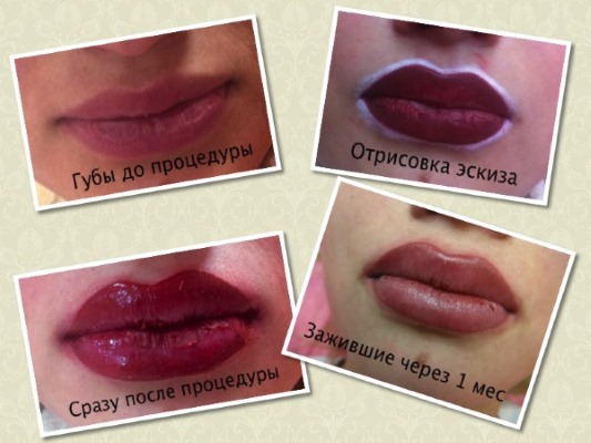 Lip-tatoeage met schaduw: natuurlijke kleur, 3D, miass, karamel, foto