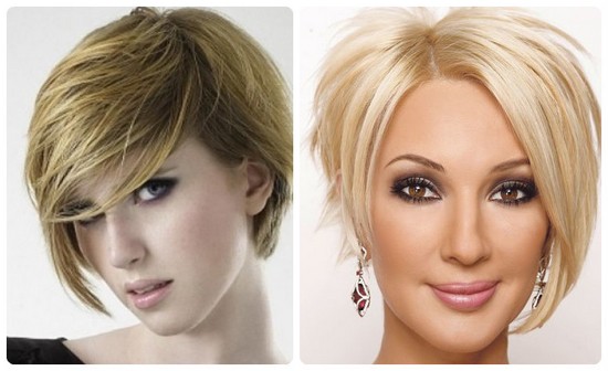 Talls de cabell asimètrics per a dones per a cabells curts per a una cara rodona, ovalada, triangular. Vistes fotogràfiques, frontals i posteriors