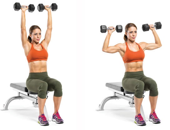 Exercícios básicos para mulheres para músculos peitorais com halteres, barra, kettlebell, expansor, para peso corporal