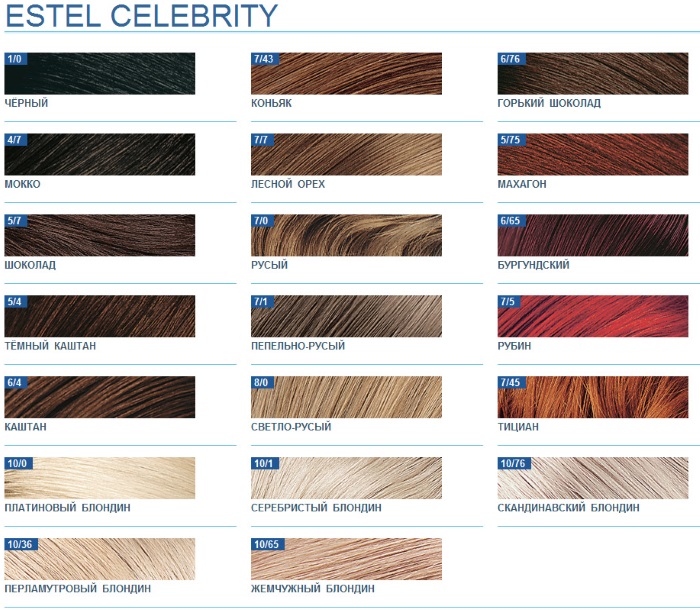 Peinture Estelle. Palette de couleurs, photo de cheveux: numéros, noms des nuances de toutes les séries: Deluxe, Blond, Essex, Princess, Couture, Newton