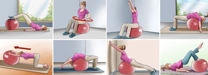 Oefeningen voor de wervelkolom op een bal volgens Bubnovsky, met osteochondrose en hernia van de lumbale wervelkolom