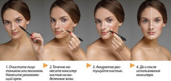 Comment utiliser un correcteur de visage. Instructions étape par étape avec photo, schéma: ton sur ton, liquide, sec, couleur, crayon, palette