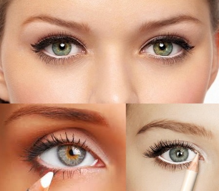Hogyan lehet kinagyítani a szemed sminkkel: nyilak, szemhéjfesték, szemceruza, ceruza, túlnyúló szemhéjjal. Lépésről lépésre