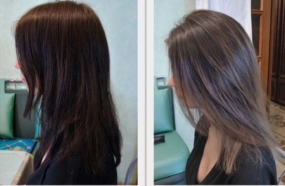 Haarverf Kapus met hyaluronzuur. Palet, foto voor en na het kleuren. Gebruiksaanwijzing