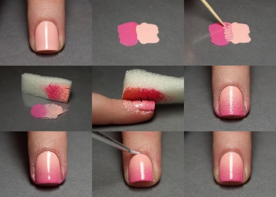 Manicure em unhas muito curtas com esmalte gel, goma-laca. Novo design, foto