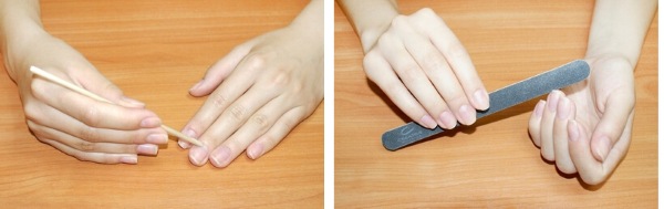 Manucure sur ongles très courts avec vernis gel, shellac. Nouveau design, photo