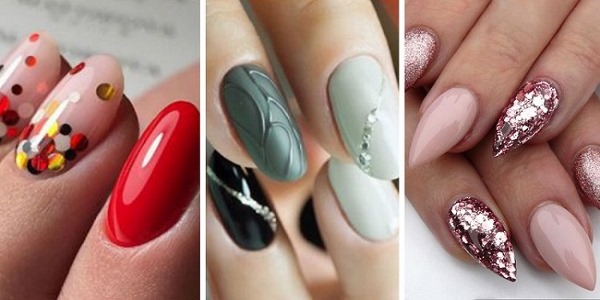 Amandelvormige nagels. Modetrends in design 2020, foto: bleek, Frans, naakt, ombre, met glitters, strass steentjes, wrijven
