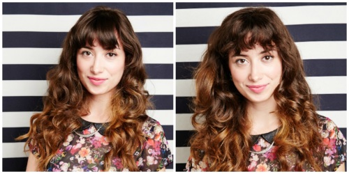 Khắc cho tóc ngắn. Hình ảnh trước và sau khi sử dụng, trên máy uốn tóc, có tóc mái, dành cho phụ nữ trưởng thành