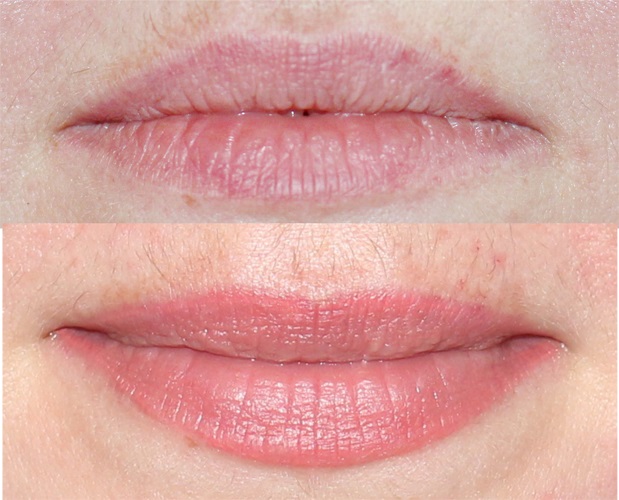 Nuolatinis lūpų makiažas: su atspalviu, padidinimo efektu, 3d, ombre, akvarelės technika, aksominės lūpos. Prieš ir po nuotraukų
