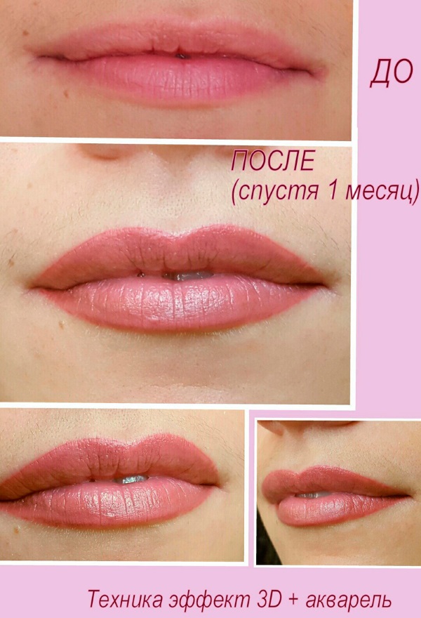 Трајна шминка за усне: са сенчењем, ефекат повећања, 3д, омбре, у техници акварела, сомотне усне. Пре и после фотографија