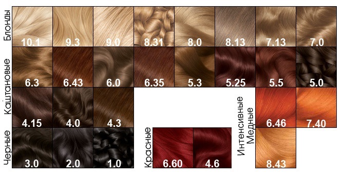 Tintura de cabelo Garnier. A paleta de cores é Color Naturals, Sensation, Oliya (Olia), Calor e Shine. Recursos de seleção e coloração. Uma foto