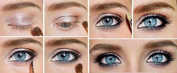 Maquillatge professional: regles, tècnica per a principiants a casa: blau, gris, verd, ulls marrons. Una foto