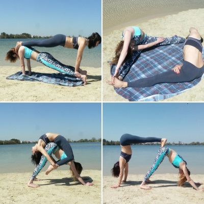 Yoga-uitdaging voor twee, een, drie. Foto-poses voor beginners, kinderen. Video