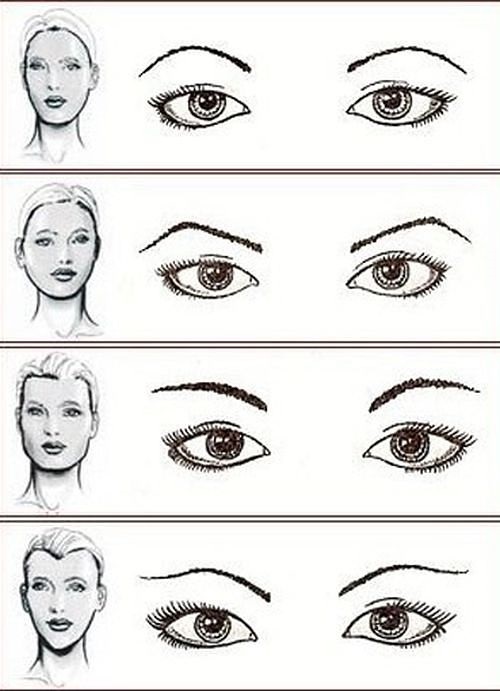 Øyenbrynform etter ansiktstype. Bildene er rette, avrundede, stigende, synkende, tynne, små. Makeup tips og veiledninger