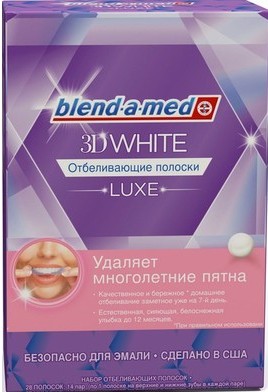 Tiras blanqueadoras de dientes: blanco 3d, Blend a Med, Crest, Rigel, dientes avanzados, Oral Pro, luz brillante. Precios en farmacias