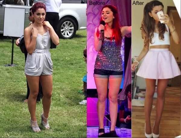 Ariana Grande voor en na plastische chirurgie. Foto in een badpak, zonder make-up, in de kindertijd. De figuur en het uiterlijk van de actrice