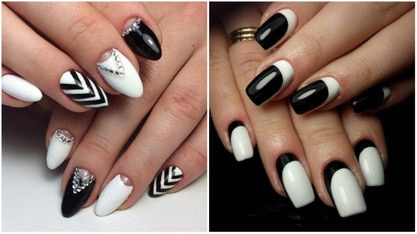 Manicure med sort og hvid lak til korte og lange negle. Fotos, designs