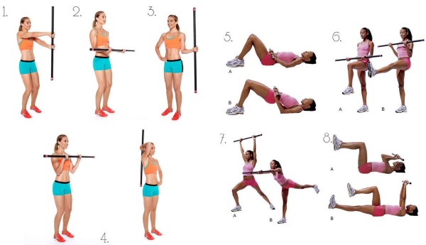 Esercizi bodybar per donne per glutei e fianchi, colonna vertebrale, braccia, schiena. Come fare