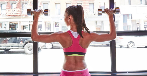 Exercícios básicos com halteres para mulheres nos ombros, costas, pernas, todos os grupos musculares