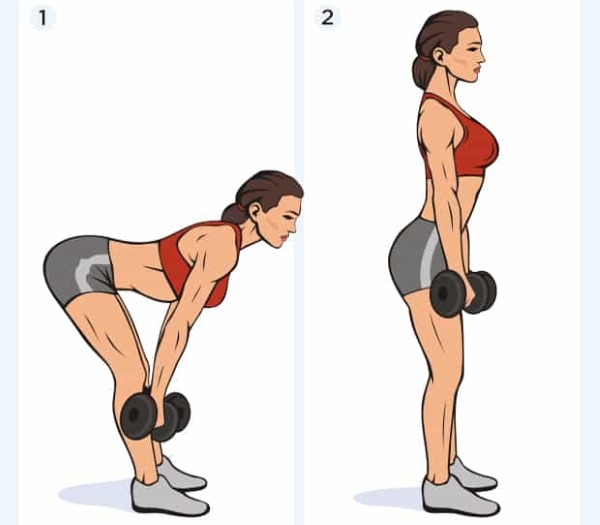 การออกกำลังกายสำหรับกล้ามเนื้อสี่เหลี่ยมคางหมูหลังด้วยดัมเบลล์สำหรับผู้หญิง