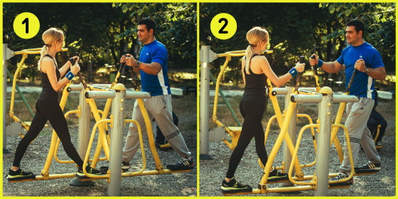 Équipement d'exercice de rue pour les sports sur le terrain. Comment le faire correctement, elliptique, puissance, marche
