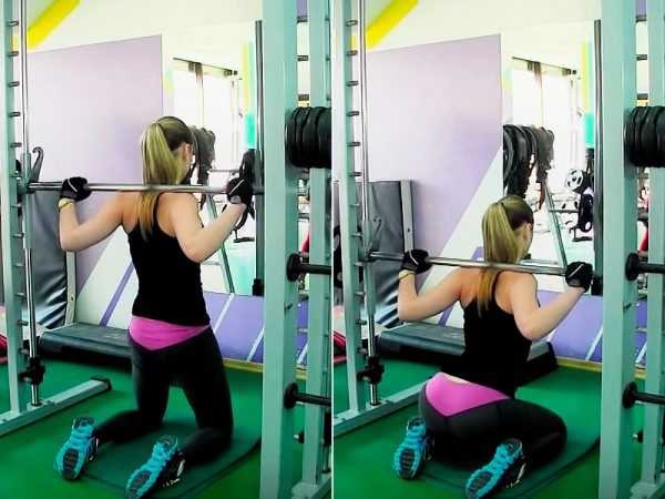 Smith squat for girls. Technique of execution on the buttocks, knees, one leg, quadriceps, frontal with a narrow, wide stance