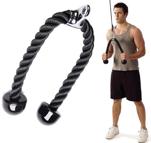 Crossover Triceps Extension. Technique with a rope, straight handle, one pigtail, two hands